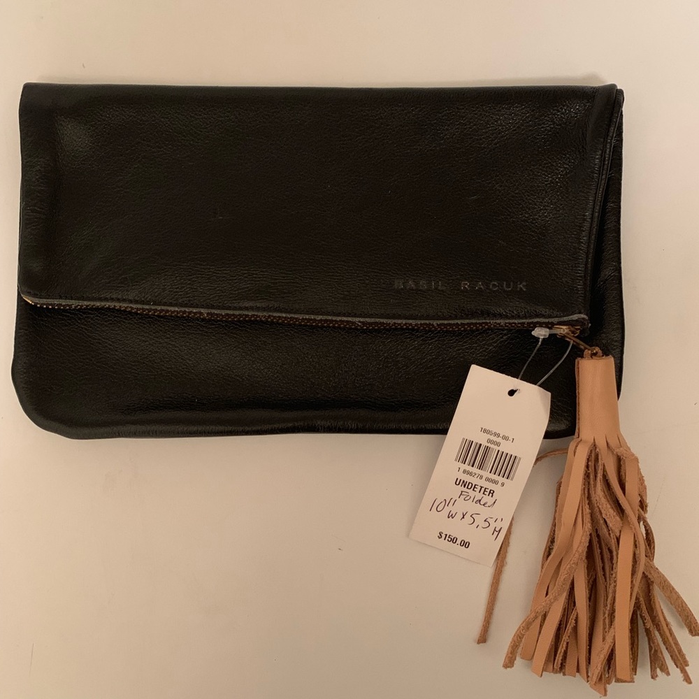 NWT Basil Racuk black leather clutch with tassel